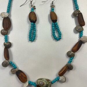 Turquoise, Pine Nut and Shell Beaded Necklace and Earring Set